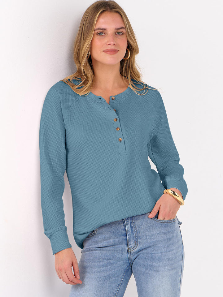 ANRABESS Long Sleeve Waffle Knit Shirts for Women Spring Fall Dressy Casual Button Up V Neck Henley Tops Loose Basic Tees Winter Clothes