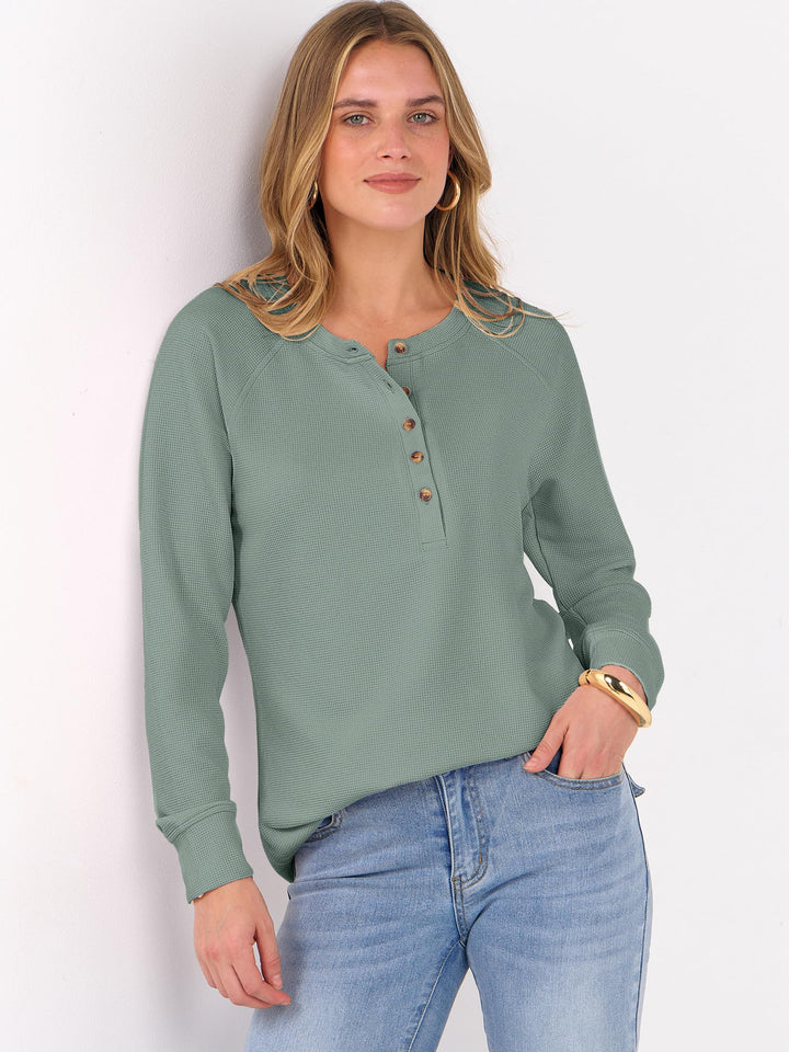ANRABESS Long Sleeve Waffle Knit Shirts for Women Spring Fall Dressy Casual Button Up V Neck Henley Tops Loose Basic Tees Winter Clothes