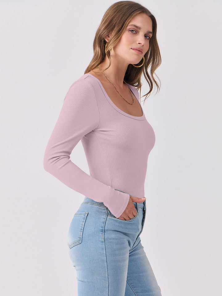 ANRABESS Long Sleeve Shirts for Women Ribbed Knit Slim Fitted Casual Tops Scoop Neck Basic Tee Spring Fall Fashion Clothes