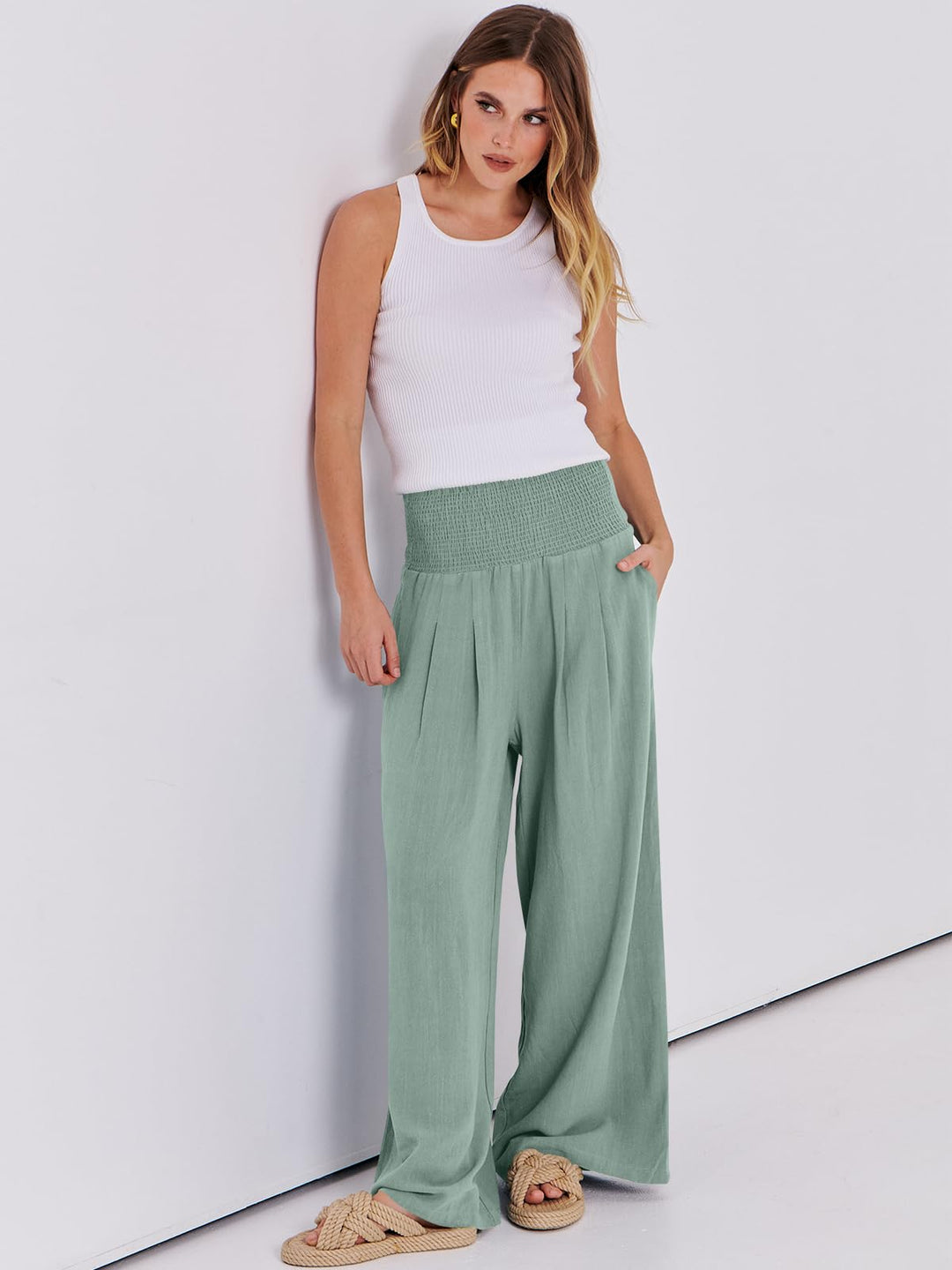 ANRABESS Linen Wide Leg Pants for Women Summer Boho High Waist Palazzo Pants Beach Lounge Casual Trousers with Pockets Vacation Clothes