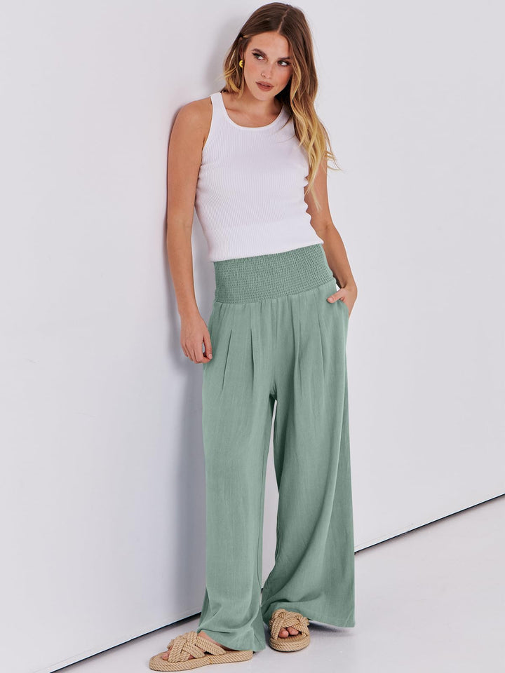 ANRABESS Linen Wide Leg Pants for Women Summer Boho High Waist Palazzo Pants Beach Lounge Casual Trousers with Pockets Vacation Clothes