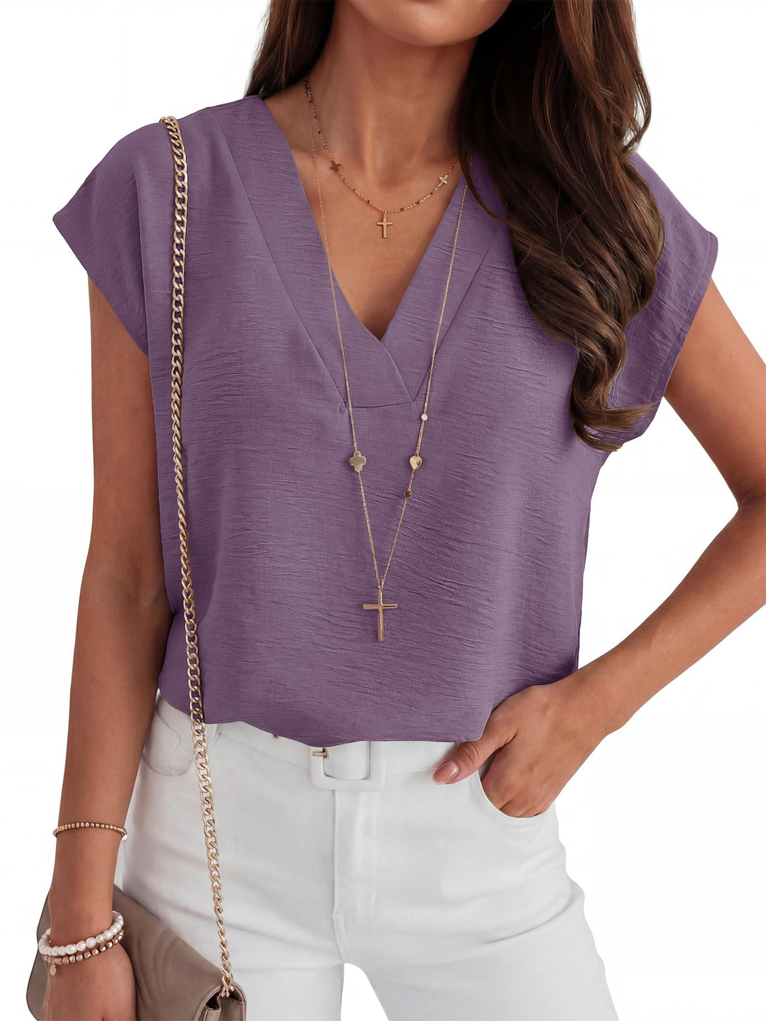ANRABESS Women Tops V Neck T Shirts Cap Sleeve Business Casual Tops for Women Summer Loose Fit Dressy Work Office Blouses Cute Clothes Trendy Outfits