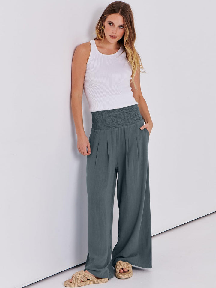 ANRABESS Linen Wide Leg Pants for Women Summer Boho High Waist Palazzo Pants Beach Lounge Casual Trousers with Pockets Vacation Clothes