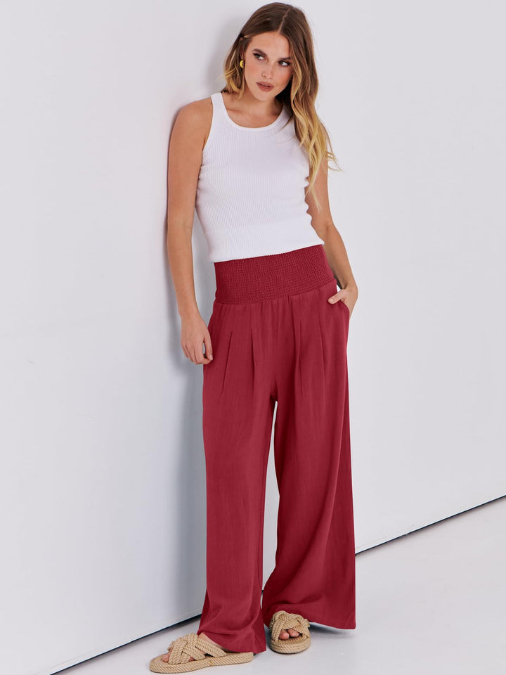 ANRABESS Linen Wide Leg Pants for Women Summer Boho High Waist Palazzo Pants Beach Lounge Casual Trousers with Pockets Vacation Clothes