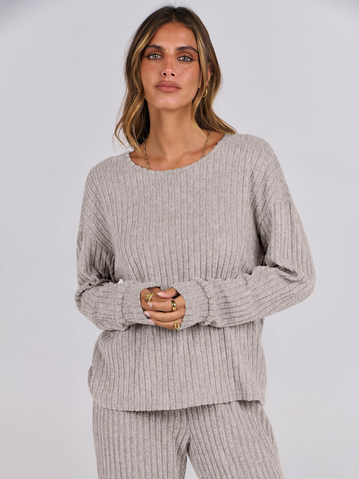 ANRABESS Women 2 Piece Lounge Pajamas Sets Casual Ribbed Knit Long Sleeve Top Pants Matching Set 2026 Fall Outfits Clothes