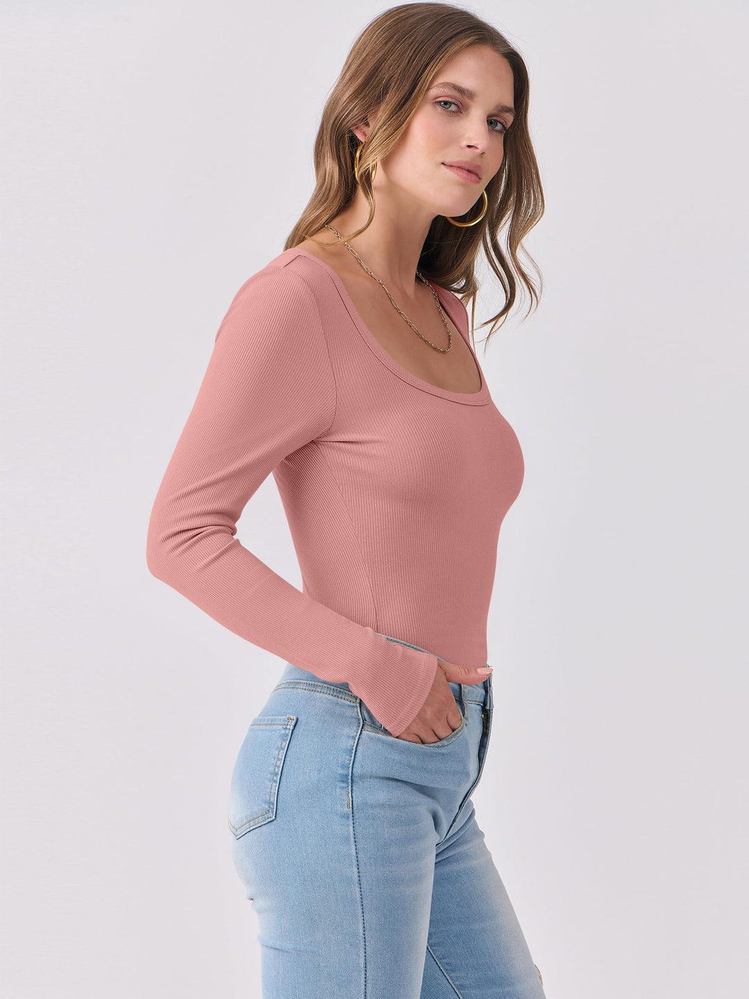 ANRABESS Long Sleeve Shirts for Women Ribbed Knit Slim Fitted Casual Tops Scoop Neck Basic Tee Spring Fall Fashion Clothes