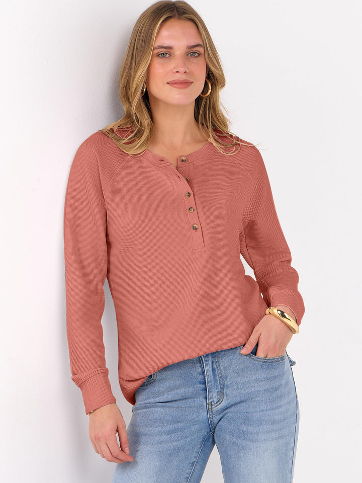 ANRABESS Long Sleeve Waffle Knit Shirts for Women Spring Fall Dressy Casual Button Up V Neck Henley Tops Loose Basic Tees Winter Clothes