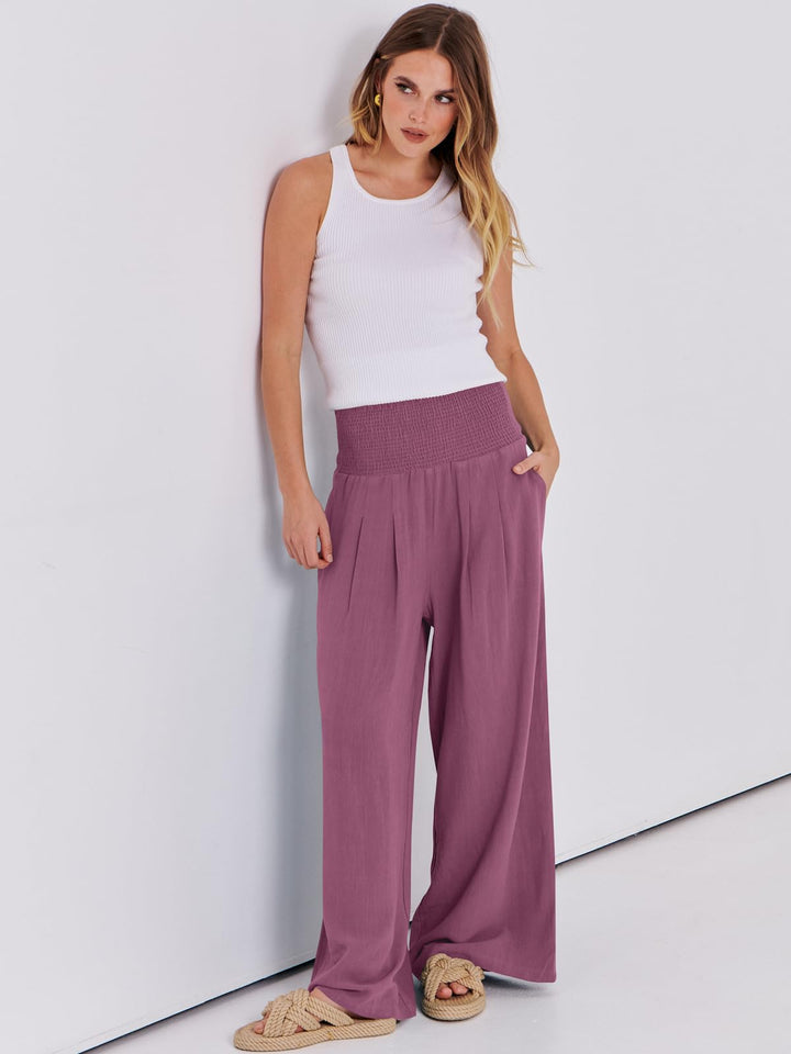 ANRABESS Linen Wide Leg Pants for Women Summer Boho High Waist Palazzo Pants Beach Lounge Casual Trousers with Pockets Vacation Clothes