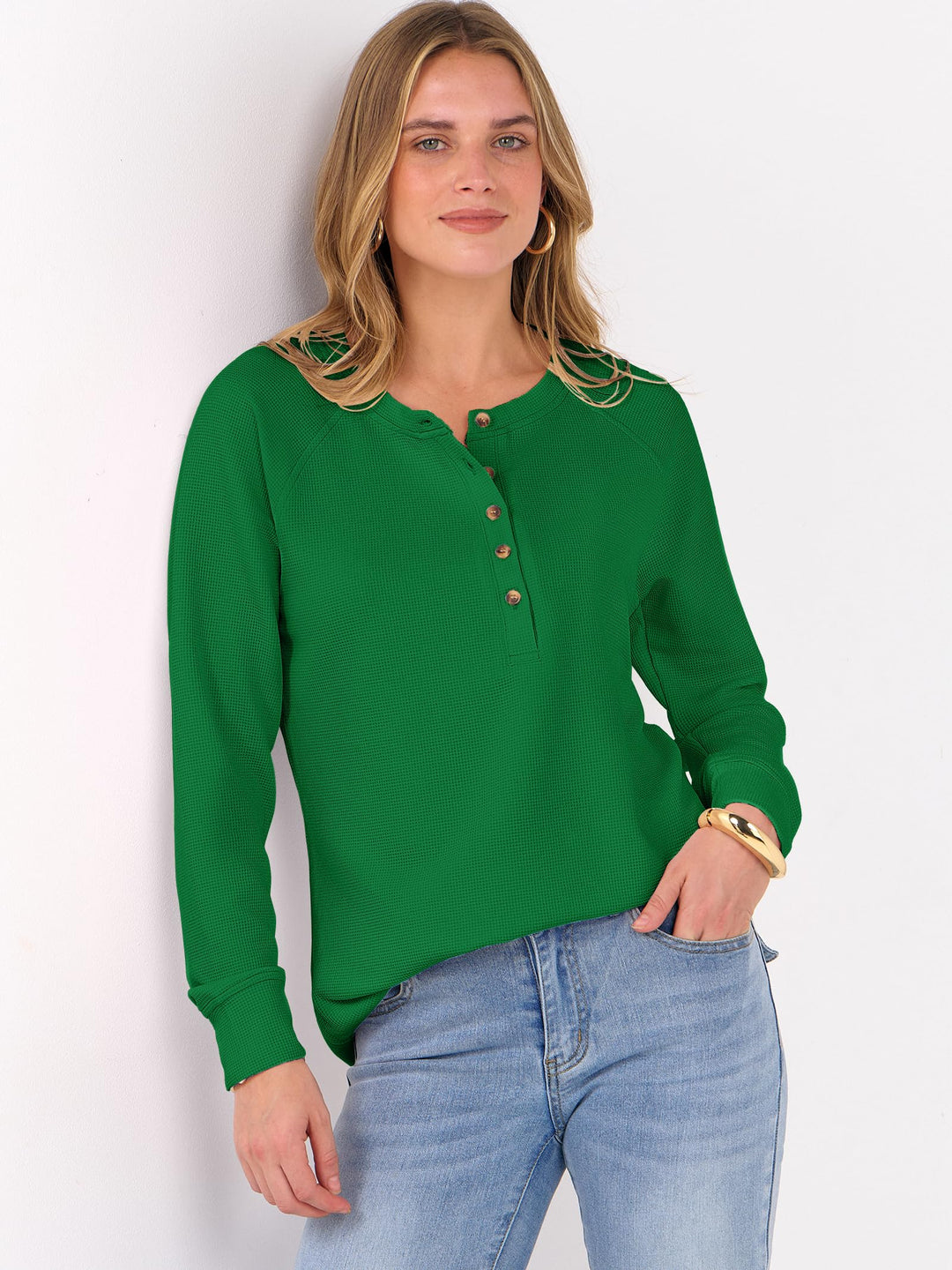 ANRABESS Long Sleeve Waffle Knit Shirts for Women Spring Fall Dressy Casual Button Up V Neck Henley Tops Loose Basic Tees Winter Clothes