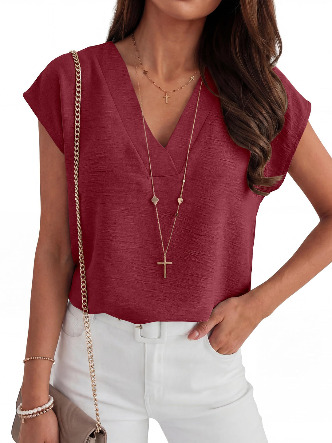 ANRABESS Women Tops V Neck T Shirts Cap Sleeve Business Casual Tops for Women Summer Loose Fit Dressy Work Office Blouses Cute Clothes Trendy Outfits