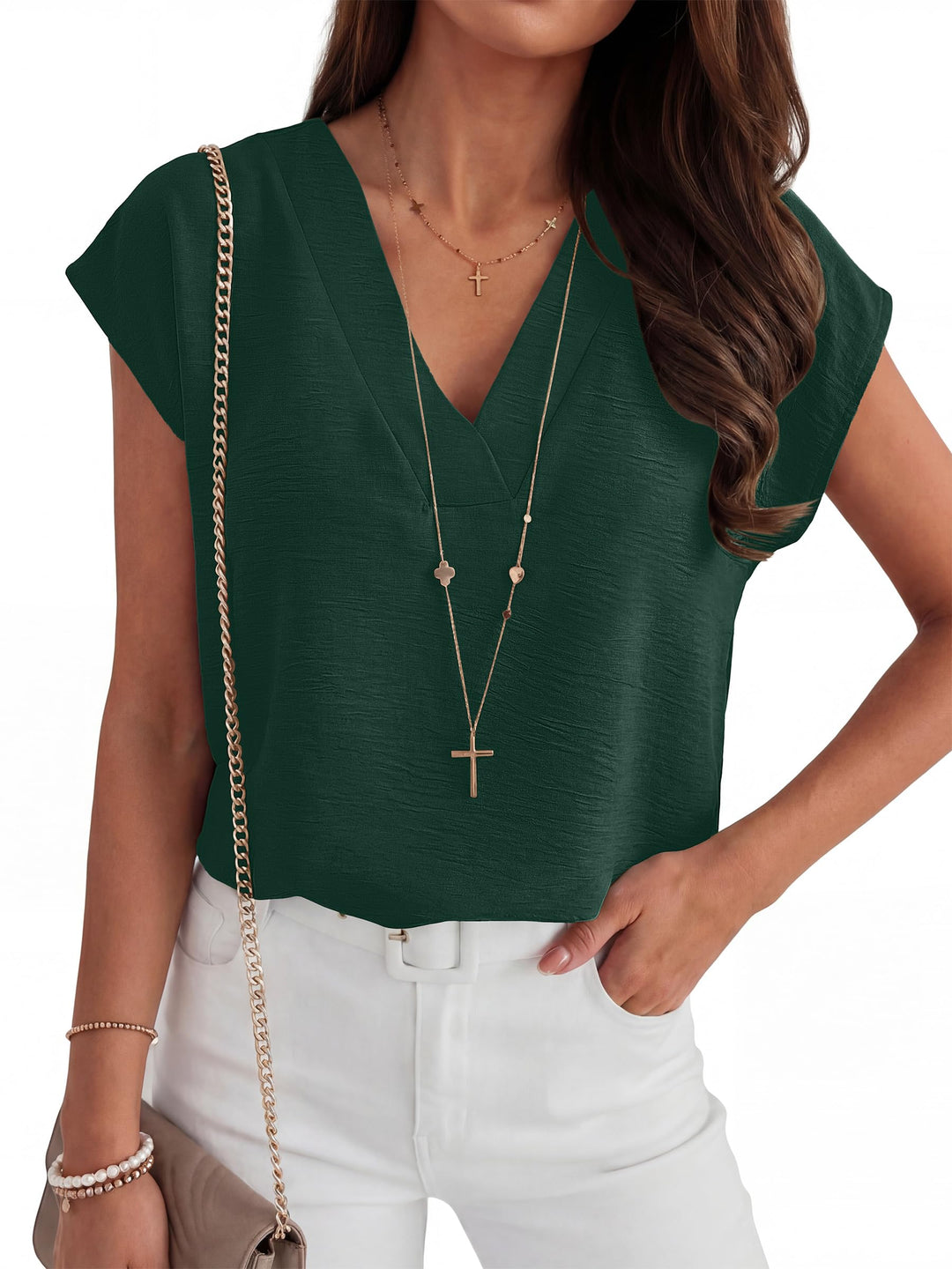 ANRABESS Women Tops V Neck T Shirts Cap Sleeve Business Casual Tops for Women Summer Loose Fit Dressy Work Office Blouses Cute Clothes Trendy Outfits
