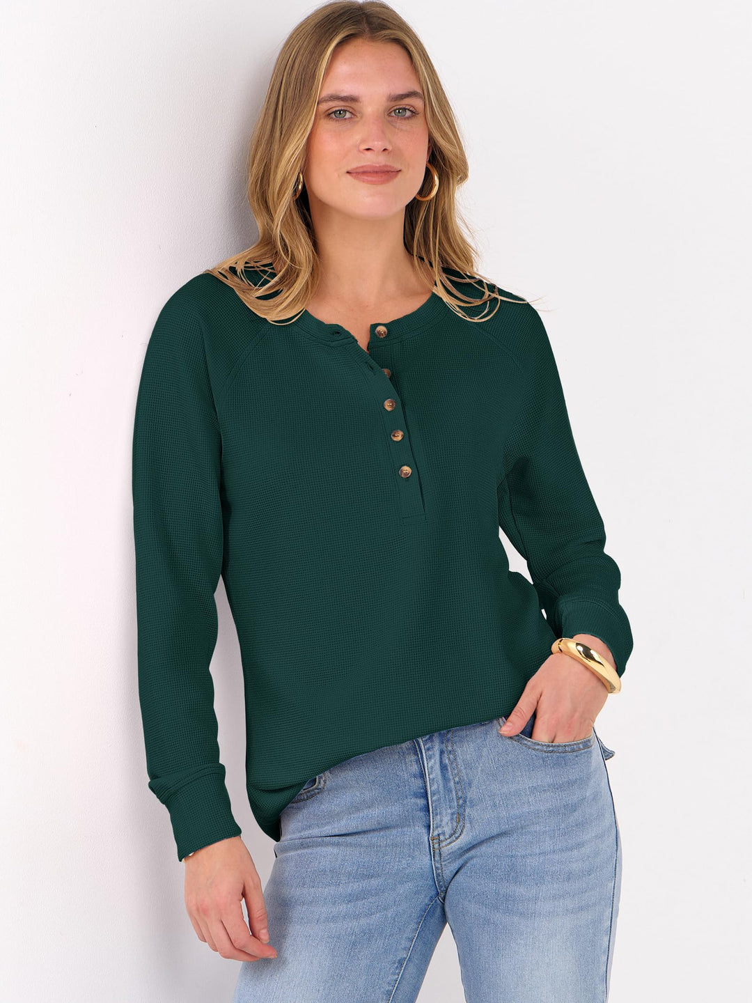 ANRABESS Long Sleeve Waffle Knit Shirts for Women Spring Fall Dressy Casual Button Up V Neck Henley Tops Loose Basic Tees Winter Clothes