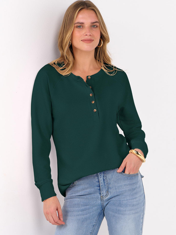 ANRABESS Long Sleeve Waffle Knit Shirts for Women Spring Fall Dressy Casual Button Up V Neck Henley Tops Loose Basic Tees Winter Clothes