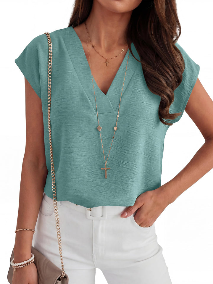 ANRABESS Women Tops V Neck T Shirts Cap Sleeve Business Casual Tops for Women Summer Loose Fit Dressy Work Office Blouses Cute Clothes Trendy Outfits