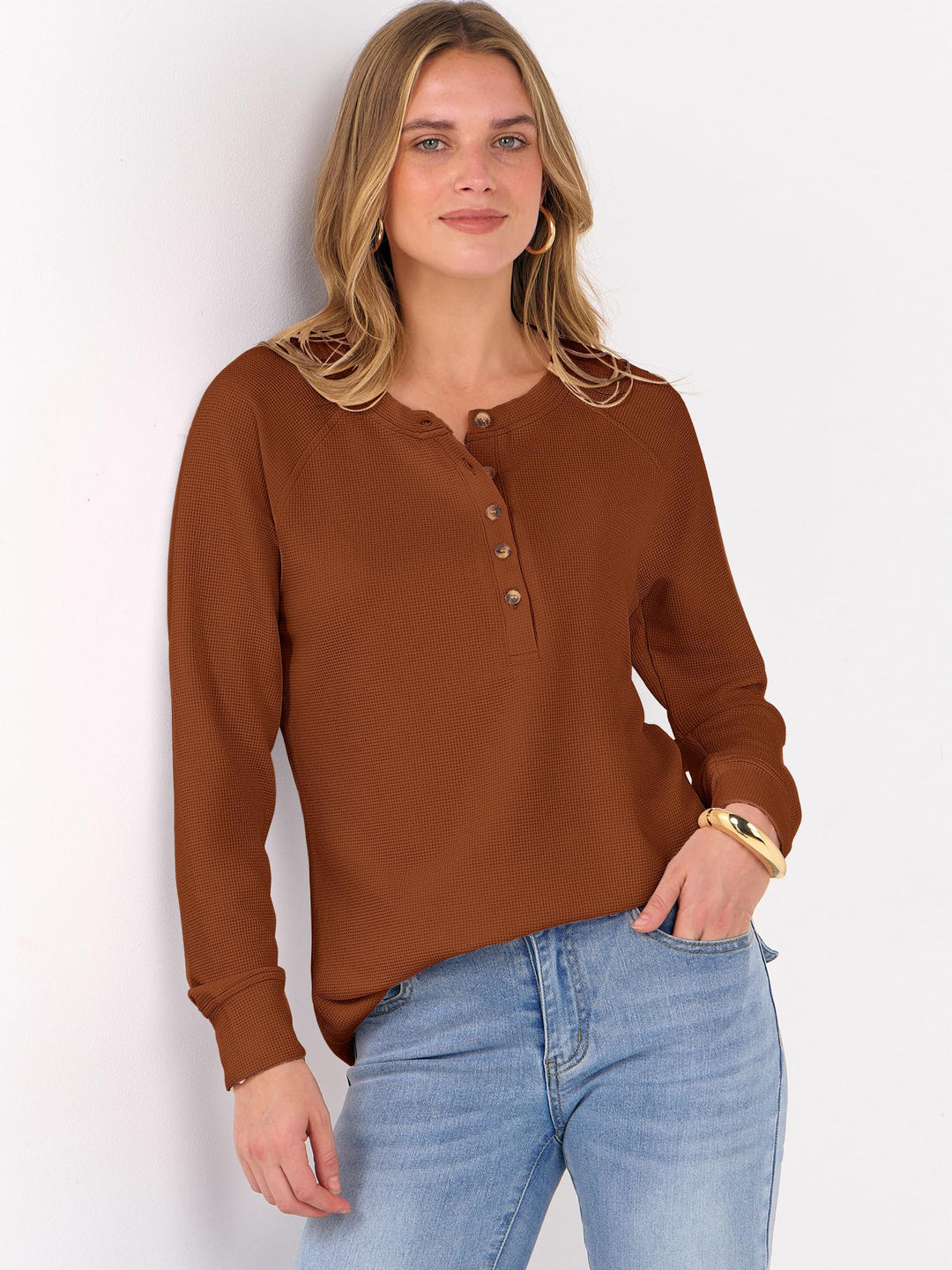 ANRABESS Long Sleeve Waffle Knit Shirts for Women Spring Fall Dressy Casual Button Up V Neck Henley Tops Loose Basic Tees Winter Clothes