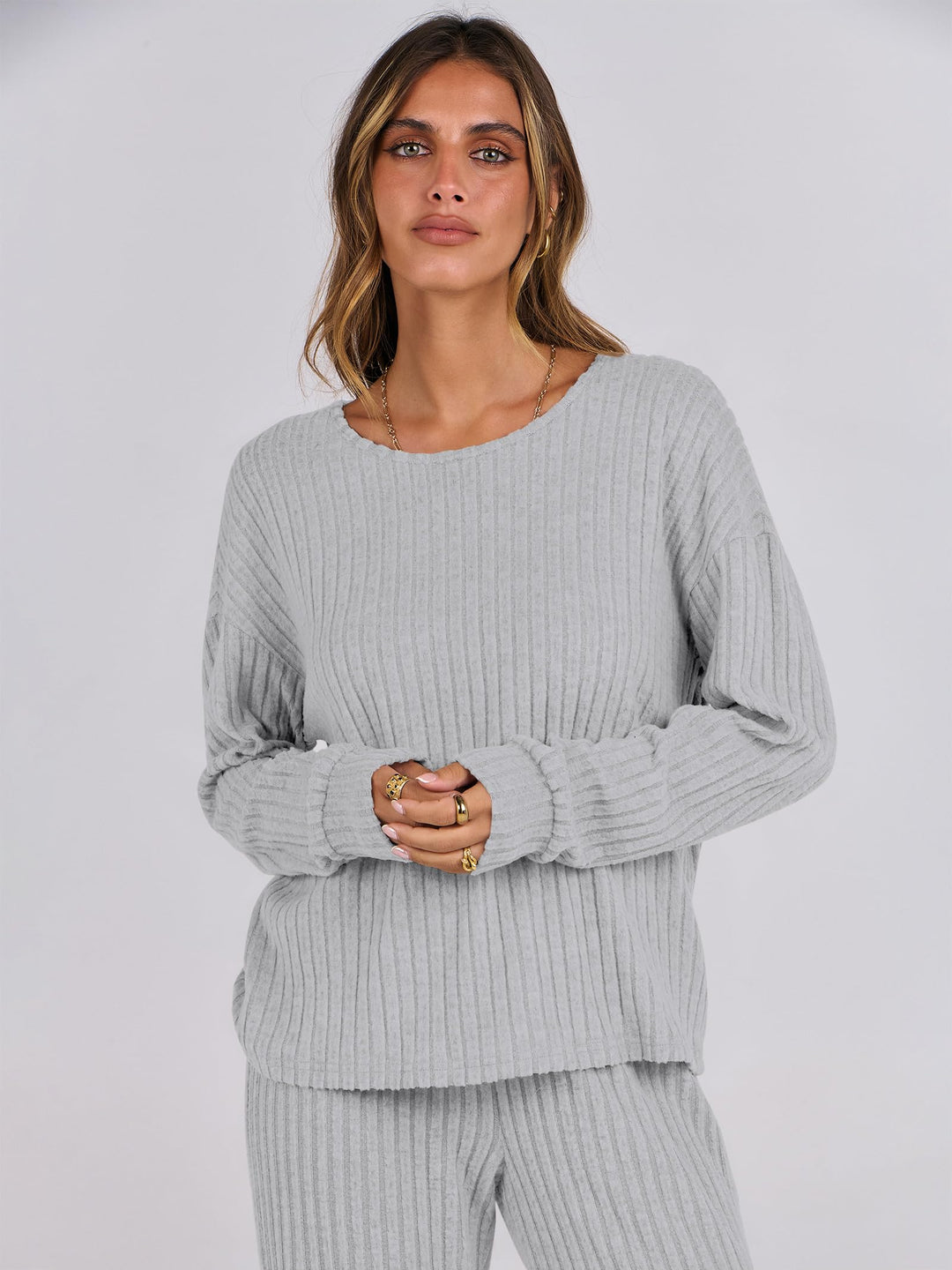 ANRABESS Women 2 Piece Lounge Pajamas Sets Casual Ribbed Knit Long Sleeve Top Pants Matching Set 2026 Fall Outfits Clothes