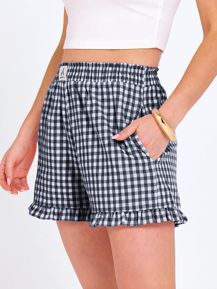 ANRABESS Womens Ruffle Boxer Shorts Pajama Gingham Shorts Summer Casual Lounge Sleep Plaid Beach Bottoms Pockets 2026 Trendy