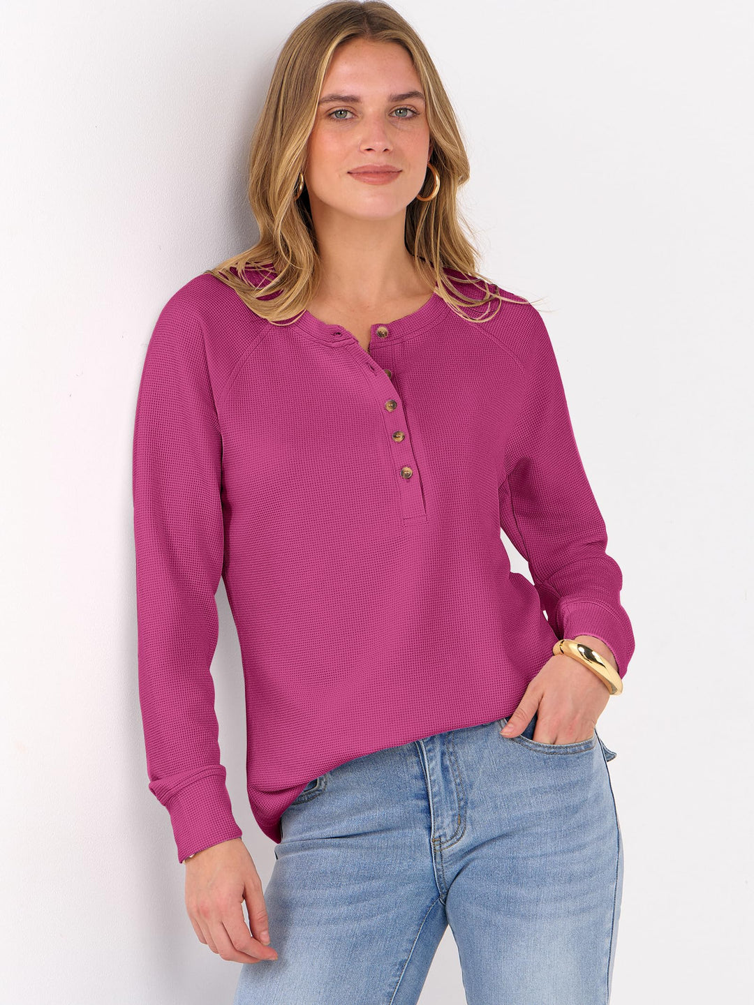 ANRABESS Long Sleeve Waffle Knit Shirts for Women Spring Fall Dressy Casual Button Up V Neck Henley Tops Loose Basic Tees Winter Clothes