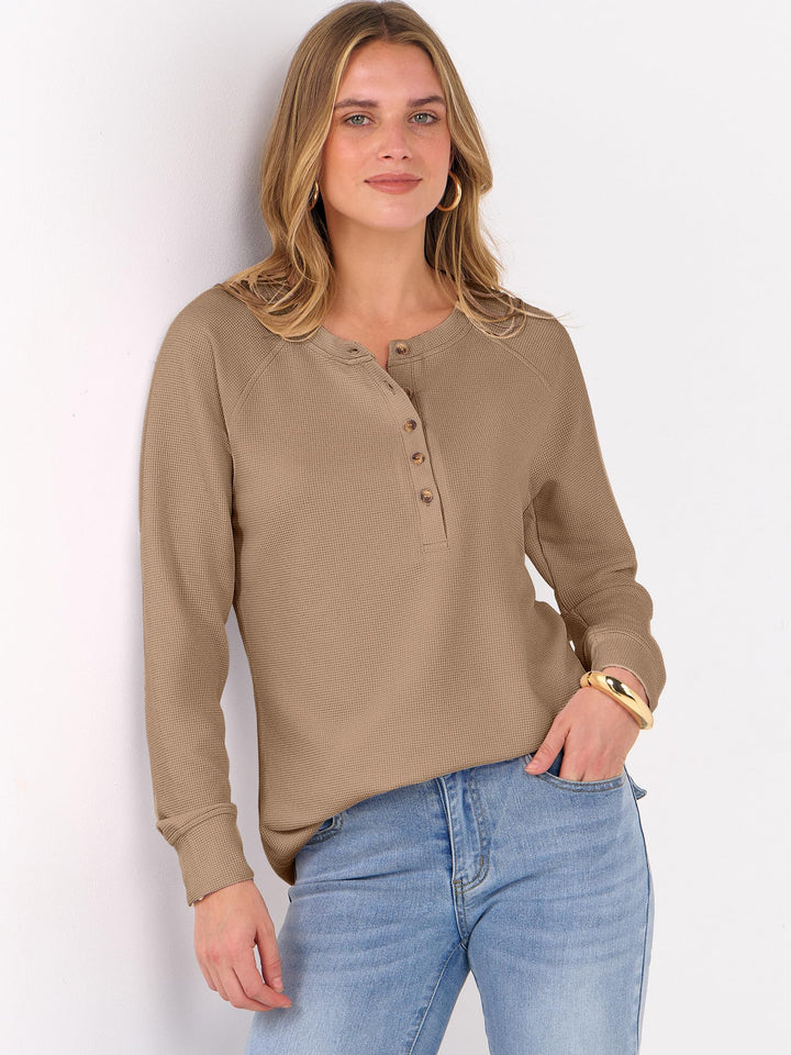 ANRABESS Long Sleeve Waffle Knit Shirts for Women Spring Fall Dressy Casual Button Up V Neck Henley Tops Loose Basic Tees Winter Clothes