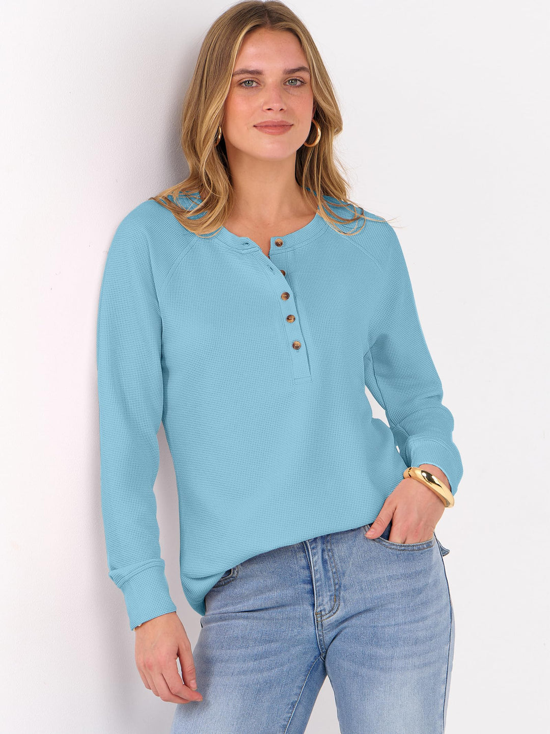 ANRABESS Long Sleeve Waffle Knit Shirts for Women Spring Fall Dressy Casual Button Up V Neck Henley Tops Loose Basic Tees Winter Clothes