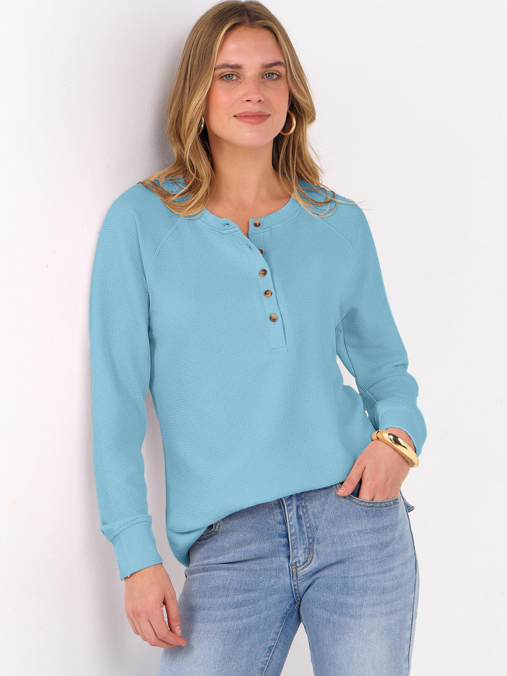 ANRABESS Long Sleeve Waffle Knit Shirts for Women Spring Fall Dressy Casual Button Up V Neck Henley Tops Loose Basic Tees Winter Clothes