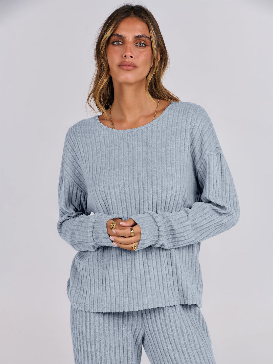 ANRABESS Women 2 Piece Lounge Pajamas Sets Casual Ribbed Knit Long Sleeve Top Pants Matching Set 2026 Fall Outfits Clothes