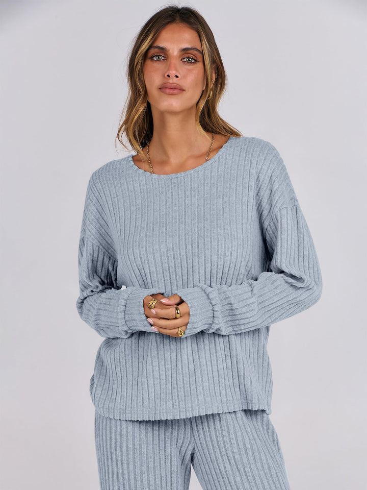 ANRABESS Women 2 Piece Lounge Pajamas Sets Casual Ribbed Knit Long Sleeve Top Pants Matching Set 2026 Fall Outfits Clothes
