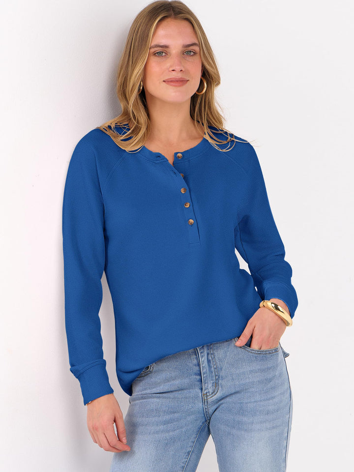 ANRABESS Long Sleeve Waffle Knit Shirts for Women Spring Fall Dressy Casual Button Up V Neck Henley Tops Loose Basic Tees Winter Clothes