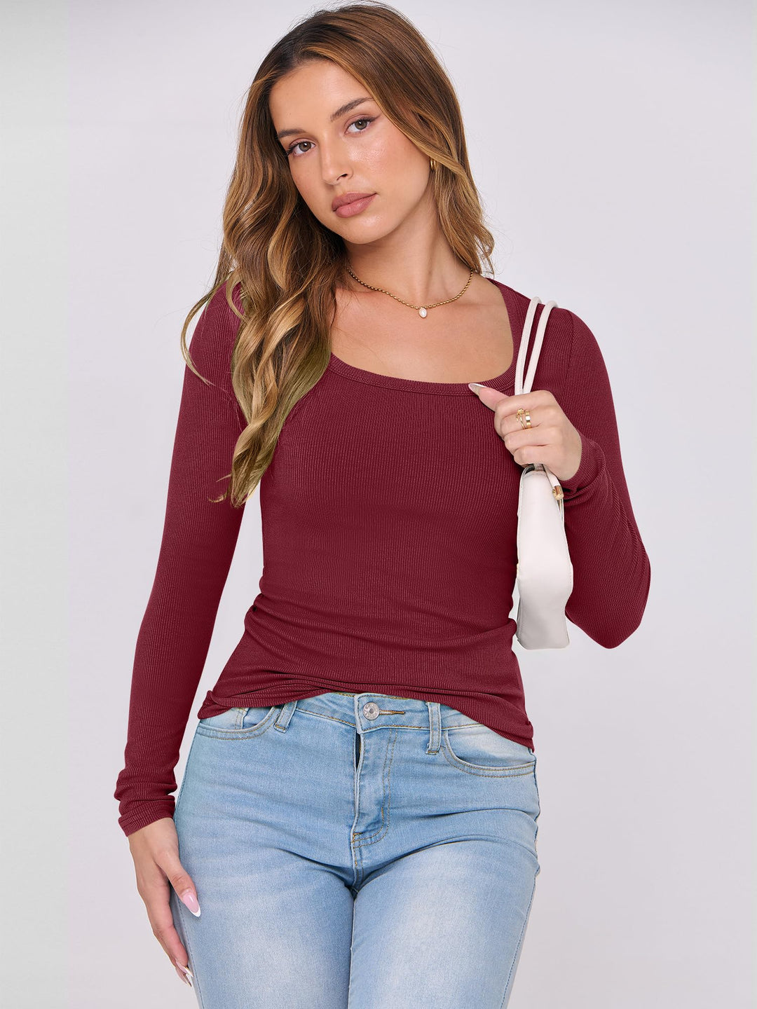 ANRABESS Long Sleeve Shirts for Women Ribbed Knit Slim Fitted Casual Tops Scoop Neck Basic Tee Spring Fall Fashion Clothes