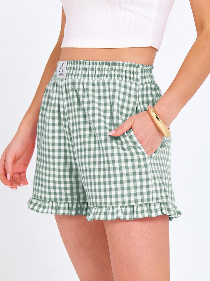 ANRABESS Womens Ruffle Boxer Shorts Pajama Gingham Shorts Summer Casual Lounge Sleep Plaid Beach Bottoms Pockets 2026 Trendy