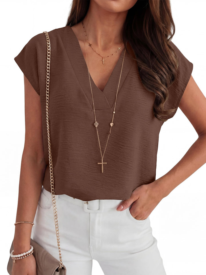 ANRABESS Women Tops V Neck T Shirts Cap Sleeve Business Casual Tops for Women Summer Loose Fit Dressy Work Office Blouses Cute Clothes Trendy Outfits