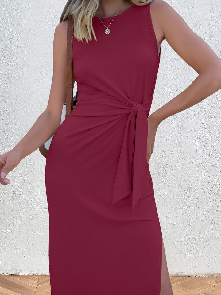 ANRABESS Maxi Dresses for Women 2026 Summer Tie Waist Split Midi Dresses Sleeveless Crewneck Slim Fit Long Tank Dress Casual Travel Beach Tshirt Dress