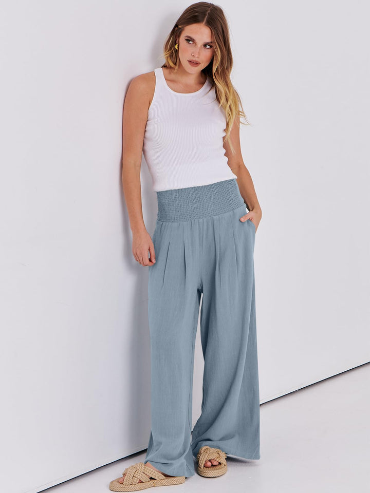 ANRABESS Linen Wide Leg Pants for Women Summer Boho High Waist Palazzo Pants Beach Lounge Casual Trousers with Pockets Vacation Clothes