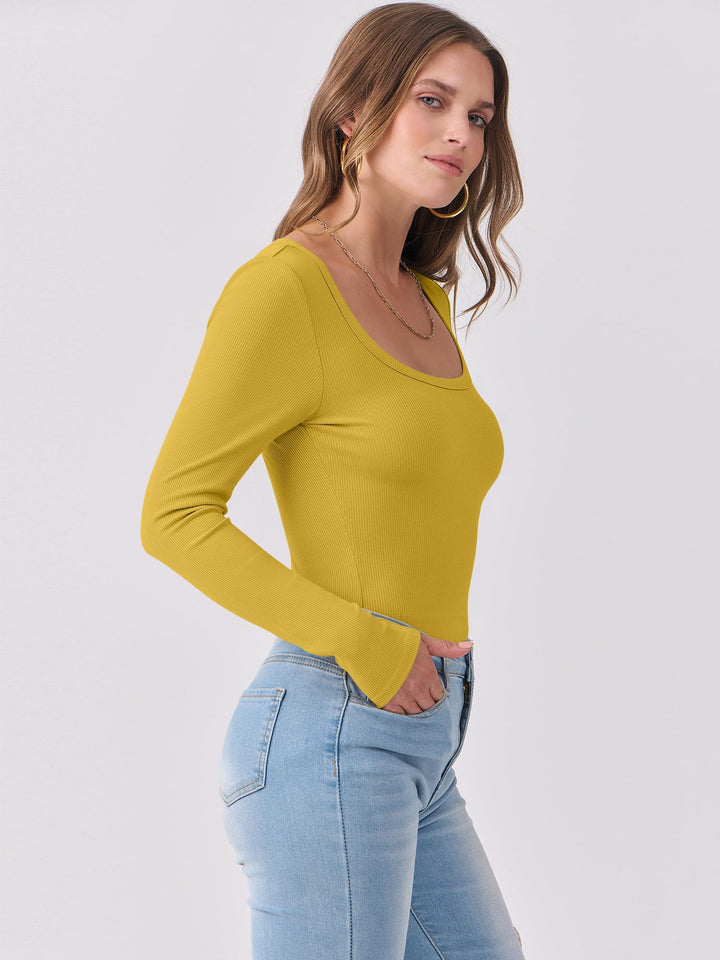 ANRABESS Long Sleeve Shirts for Women Ribbed Knit Slim Fitted Casual Tops Scoop Neck Basic Tee Spring Fall Fashion Clothes