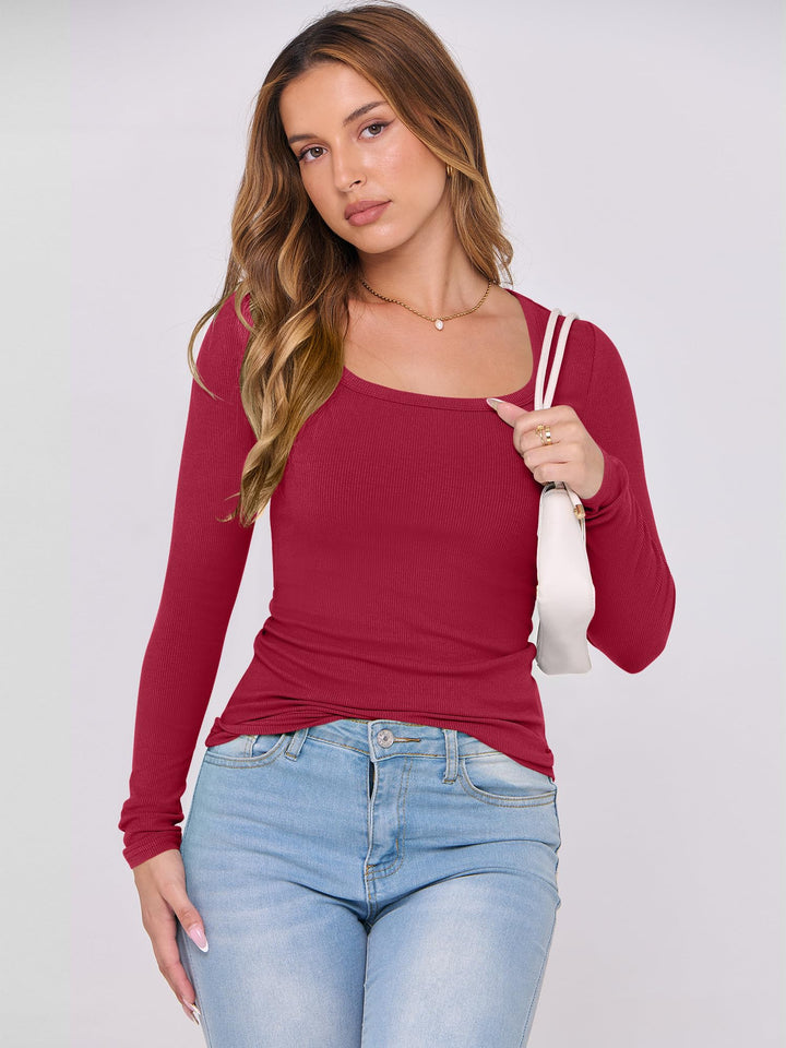 ANRABESS Long Sleeve Shirts for Women Ribbed Knit Slim Fitted Casual Tops Scoop Neck Basic Tee Spring Fall Fashion Clothes