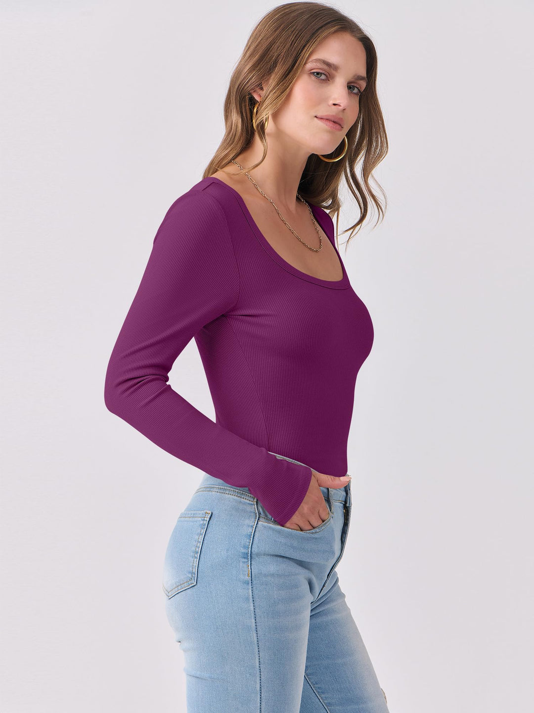 ANRABESS Long Sleeve Shirts for Women Ribbed Knit Slim Fitted Casual Tops Scoop Neck Basic Tee Spring Fall Fashion Clothes