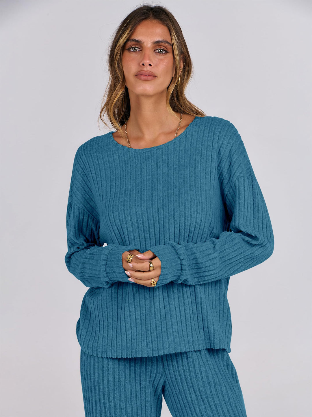 ANRABESS Women 2 Piece Lounge Pajamas Sets Casual Ribbed Knit Long Sleeve Top Pants Matching Set 2026 Fall Outfits Clothes