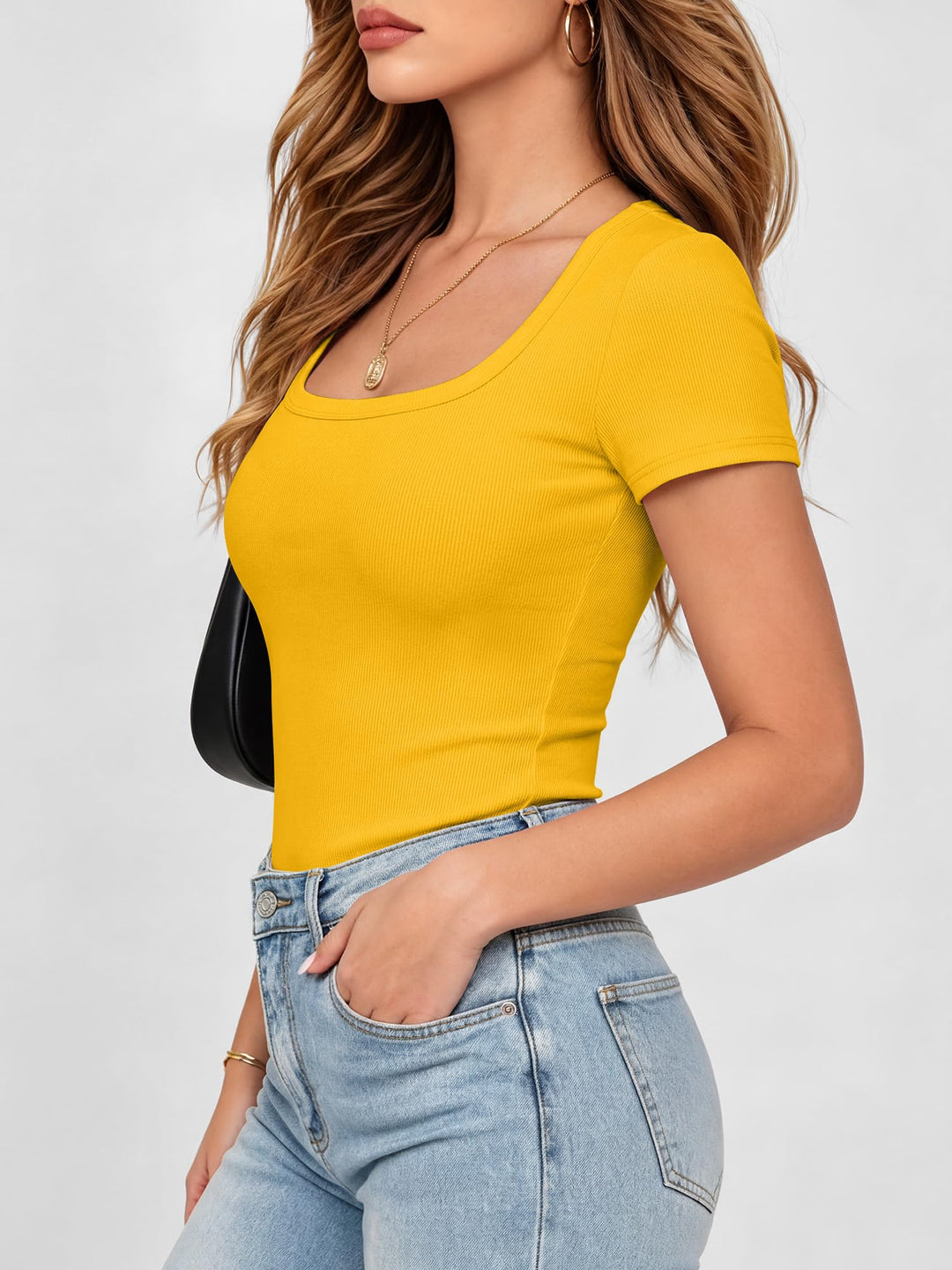 ANRABESS Short Sleeve Tops for Women Trendy Scoop Neck Summer Tops Shirts Ribbed Knit Slim Fitted Basic Tees Spring Casual Clothes