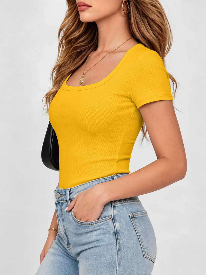 ANRABESS Short Sleeve Tops for Women Trendy Scoop Neck Summer Tops Shirts Ribbed Knit Slim Fitted Basic Tees Spring Casual Clothes