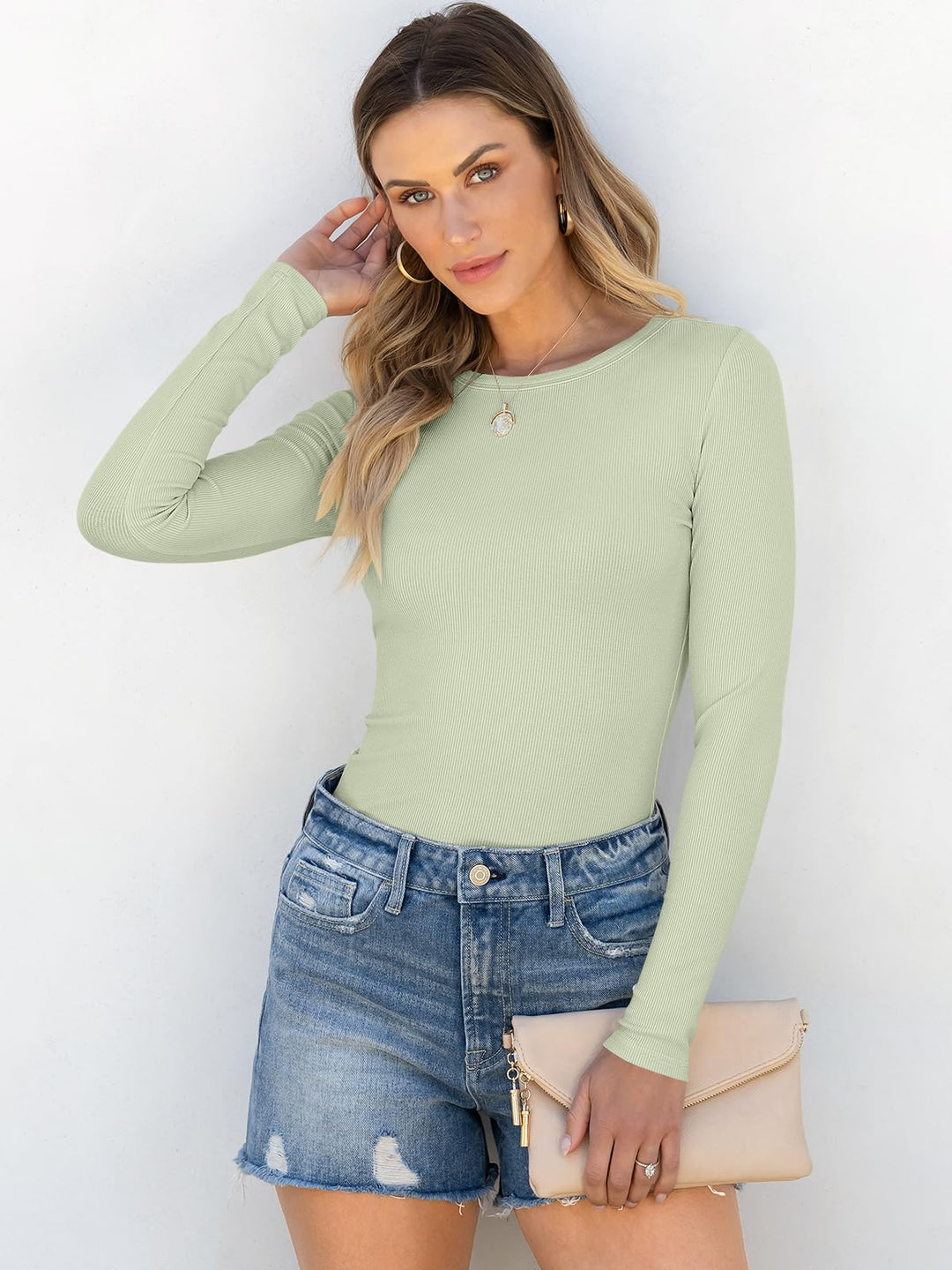 ANRABESS Long Sleeve Shirts for Women Ribbed Knit Slim Fit Basic Tops Crewneck Tees Spring Fall Casual Underscrubs Layer Clothes
