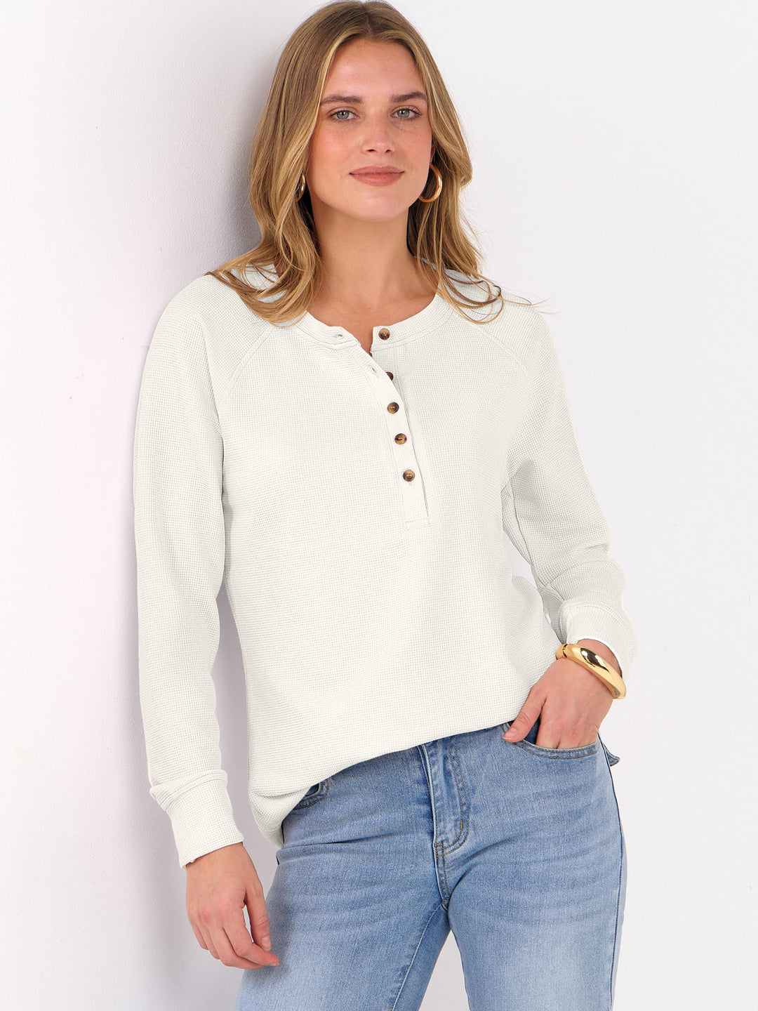 ANRABESS Long Sleeve Waffle Knit Shirts for Women Spring Fall Dressy Casual Button Up V Neck Henley Tops Loose Basic Tees Winter Clothes