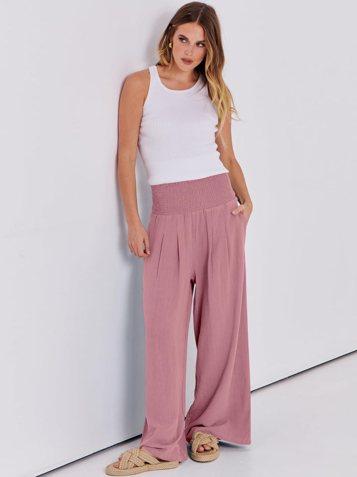 ANRABESS Linen Wide Leg Pants for Women Summer Boho High Waist Palazzo Pants Beach Lounge Casual Trousers with Pockets Vacation Clothes