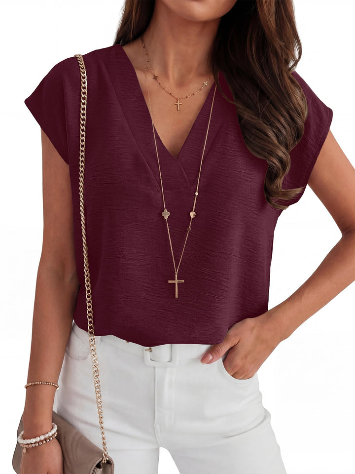 ANRABESS Women Tops V Neck T Shirts Cap Sleeve Business Casual Tops for Women Summer Loose Fit Dressy Work Office Blouses Cute Clothes Trendy Outfits