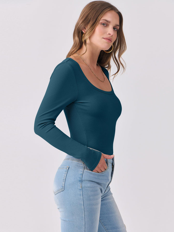 ANRABESS Long Sleeve Shirts for Women Ribbed Knit Slim Fitted Casual Tops Scoop Neck Basic Tee Spring Fall Fashion Clothes