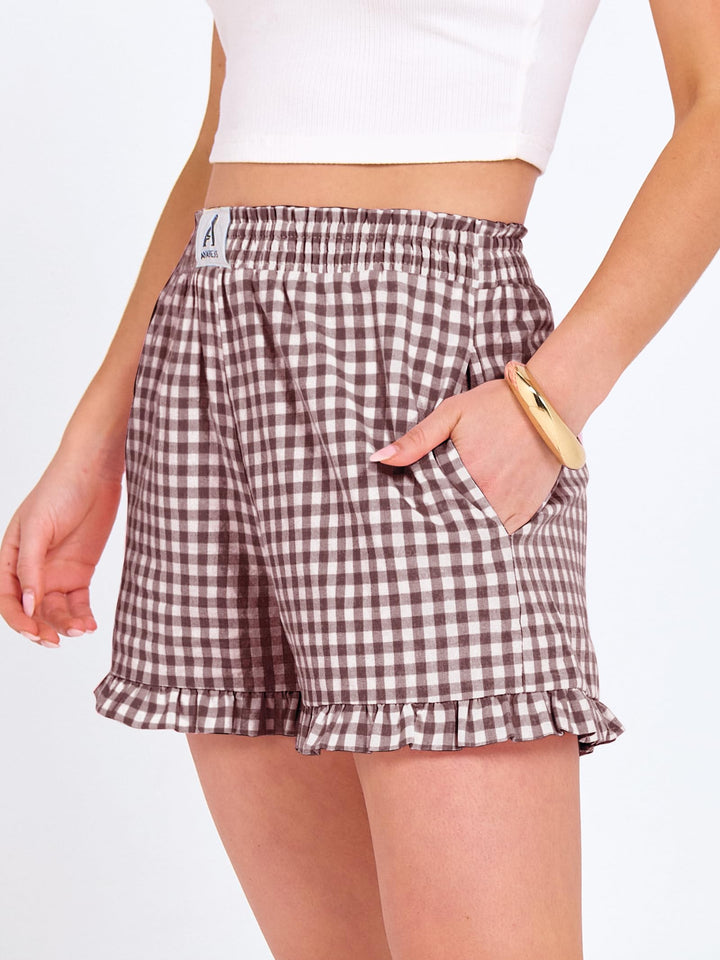 ANRABESS Womens Ruffle Boxer Shorts Pajama Gingham Shorts Summer Casual Lounge Sleep Plaid Beach Bottoms Pockets 2026 Trendy