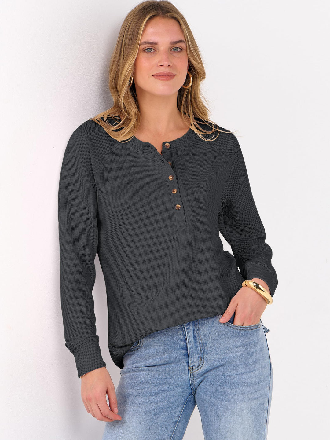 ANRABESS Long Sleeve Waffle Knit Shirts for Women Spring Fall Dressy Casual Button Up V Neck Henley Tops Loose Basic Tees Winter Clothes