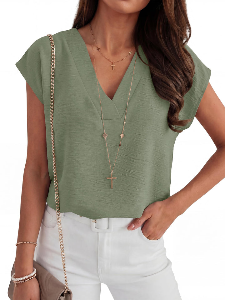 ANRABESS Women Tops V Neck T Shirts Cap Sleeve Business Casual Tops for Women Summer Loose Fit Dressy Work Office Blouses Cute Clothes Trendy Outfits