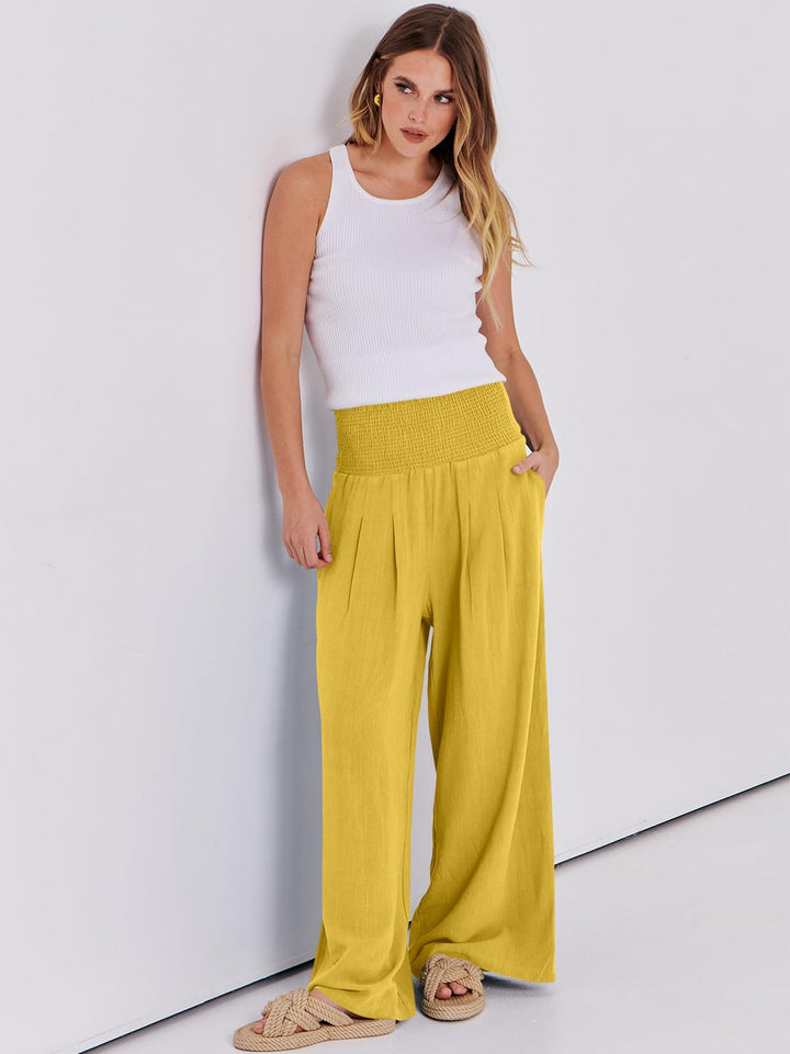 ANRABESS Linen Wide Leg Pants for Women Summer Boho High Waist Palazzo Pants Beach Lounge Casual Trousers with Pockets Vacation Clothes