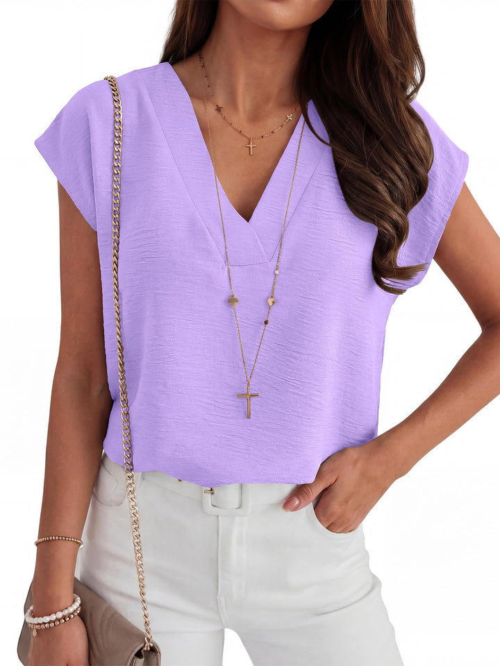ANRABESS Women Tops V Neck T Shirts Cap Sleeve Business Casual Tops for Women Summer Loose Fit Dressy Work Office Blouses Cute Clothes Trendy Outfits