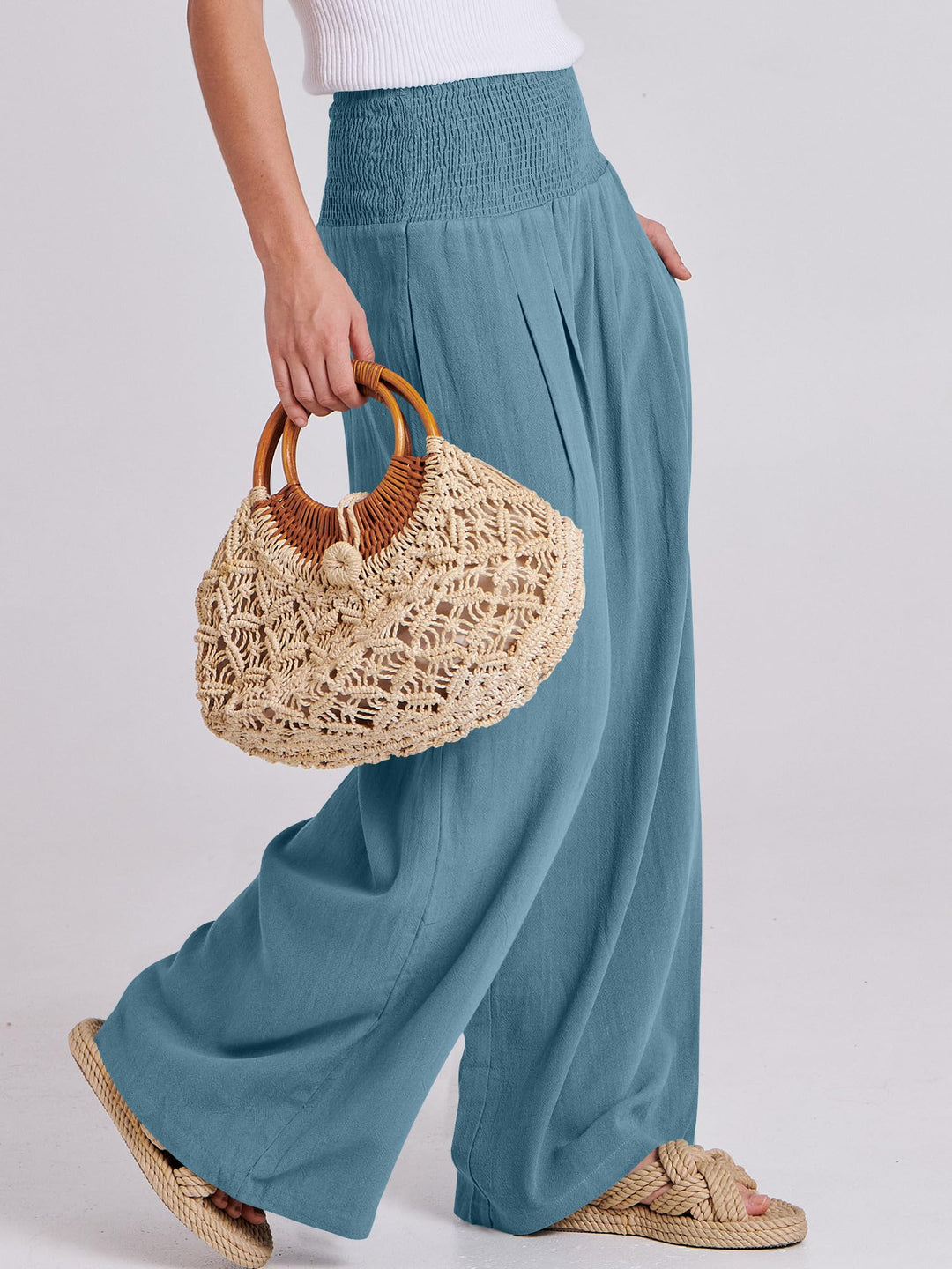 ANRABESS Linen Wide Leg Pants for Women Summer Boho High Waist Palazzo Pants Beach Lounge Casual Trousers with Pockets Vacation Clothes